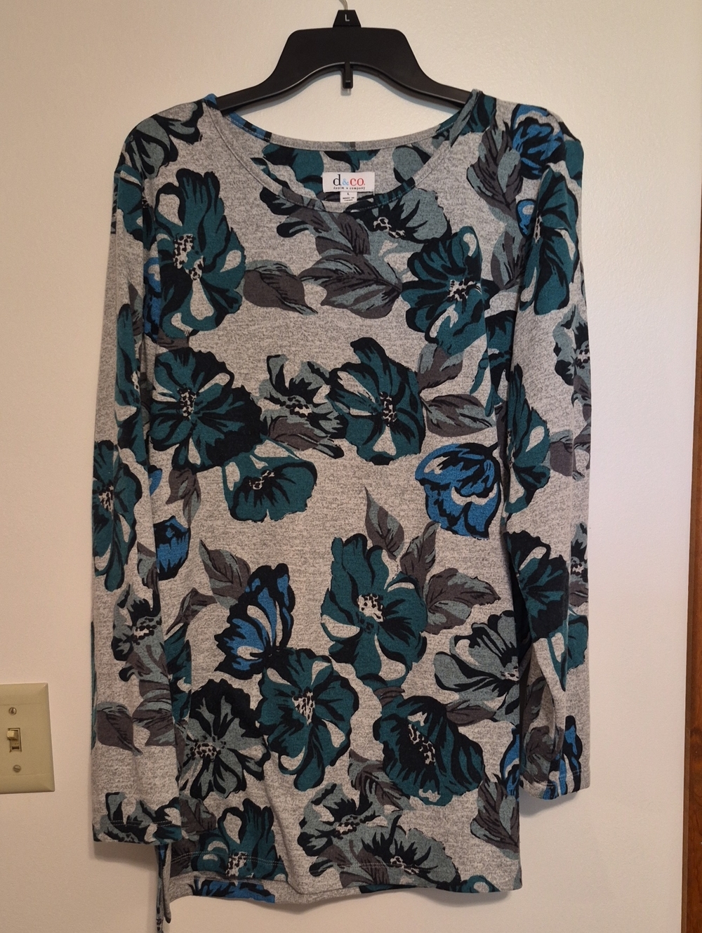 denim & Company Womens Long Sleeve Floral Tunic Top in Teal and Gray SZ L